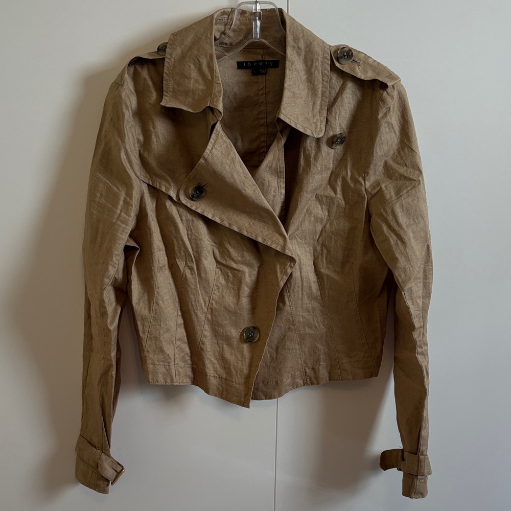 Theory Khaki Linen Cropped Trench Coat